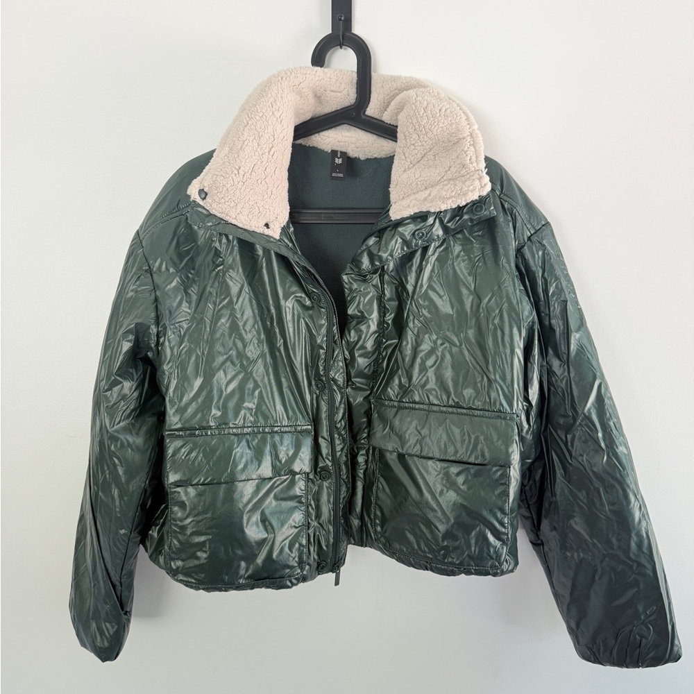 All in Motion Green Puffer Jacket with Cream Collar